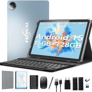 FEONAL Android 15 11 Zoll Tablet - Blau: 5G & 4G LTE mit Tastatur & Maus, 16GB+128GB Speicher, 1080FHD Display, 7000mAh