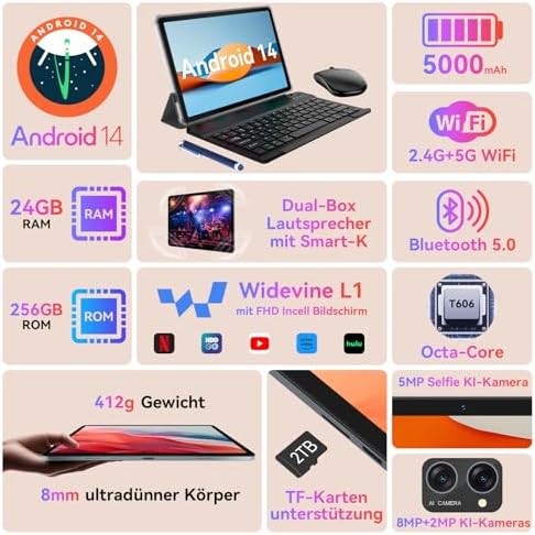 51lc5r44wkl. ac .jpg Android 14 Tablet 10 Zoll + Octa Core + Tastaturen + Grau Android 14 Tablet 10 Zoll + 24(8+16) GB RAM + Grau Android 14